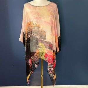 Jade, watercolor rayon sheer coverup/blouse, beautiful watercolor “ coral pink